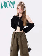 Lunivop Y2K Harajuku Solid Crop Top Women Korean Streetwear Zipper T Shirts Off Shoulder Balck Tees